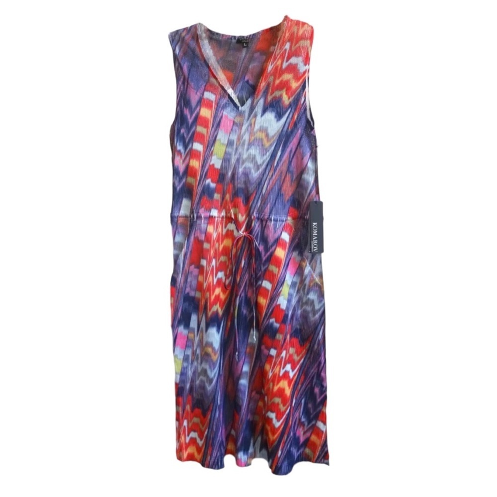 $184 KOMAROV Crimson Crinkle Mini Dress Large 10 12 Colorful Happy Print Stretch